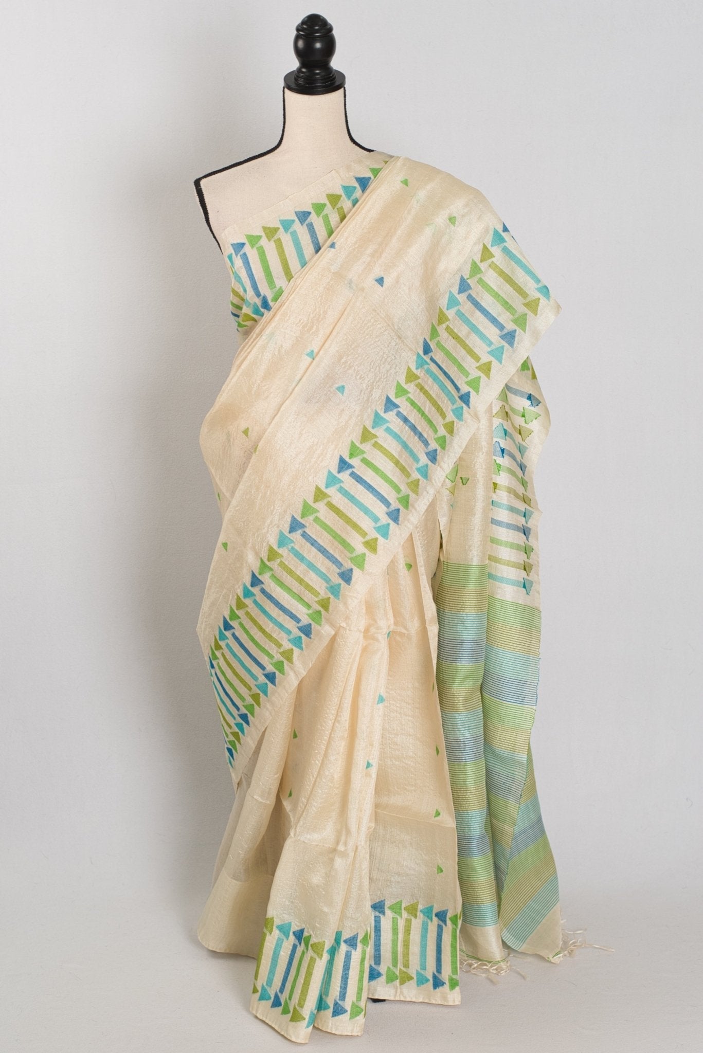 Rini: Cream Tussar Silk Saree with Blue & Green Motifs | Silk Mark Certified