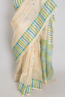 Rini: Cream Tussar Silk Saree with Blue & Green Motifs | Silk Mark Certified