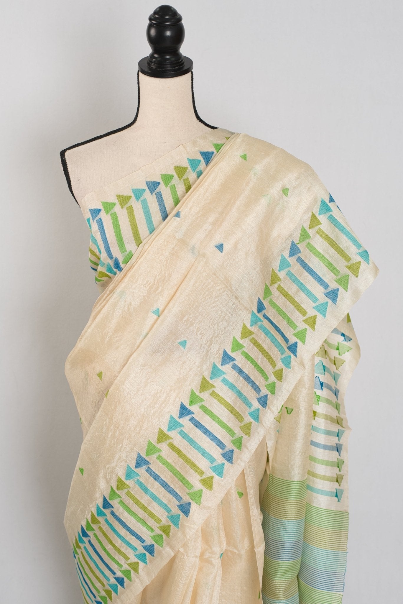 Rini: Cream Tussar Silk Saree with Blue & Green Motifs | Silk Mark Certified