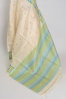 Rini: Cream Tussar Silk Saree with Blue & Green Motifs | Silk Mark Certified