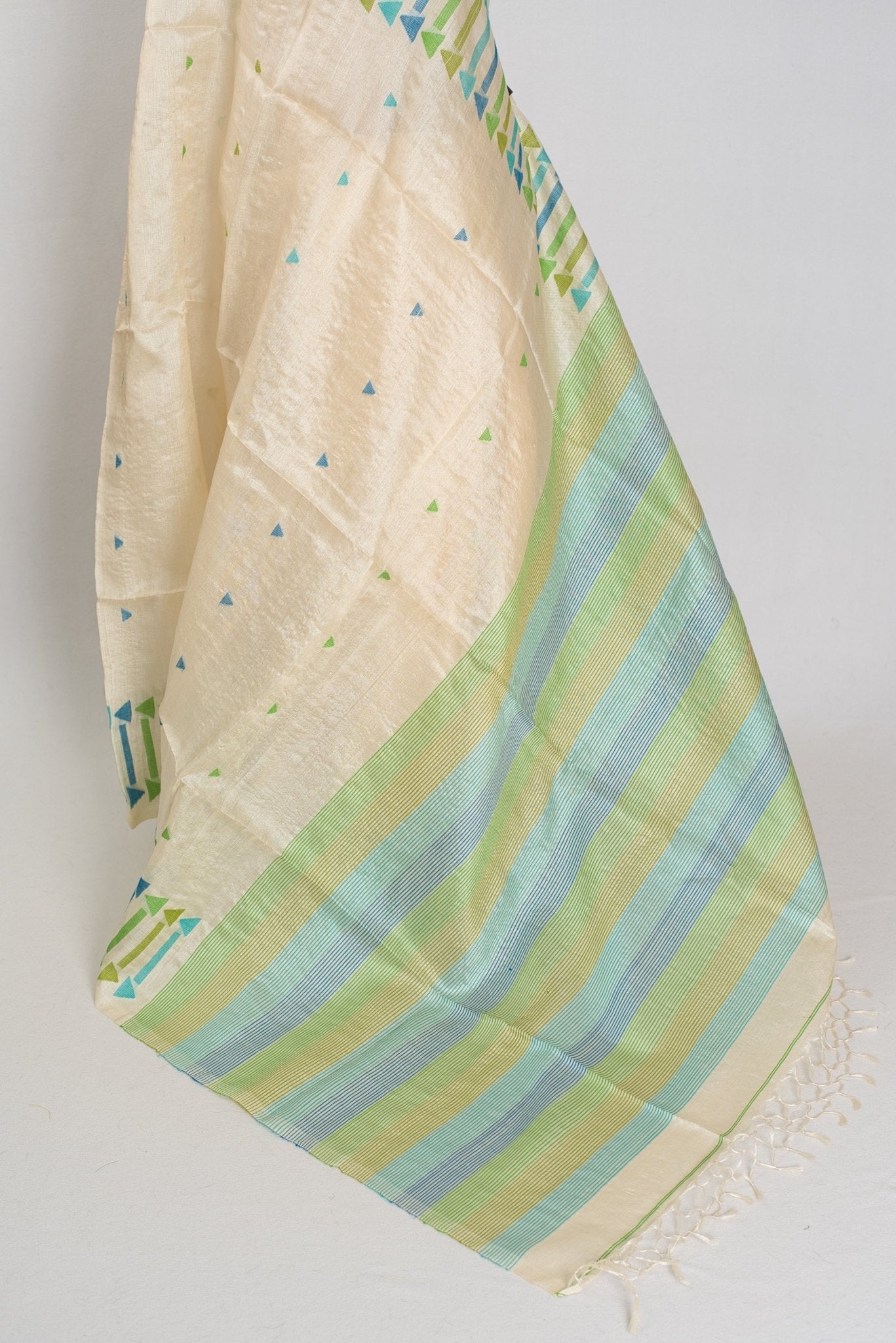 Rini: Cream Tussar Silk Saree with Blue & Green Motifs | Silk Mark Certified