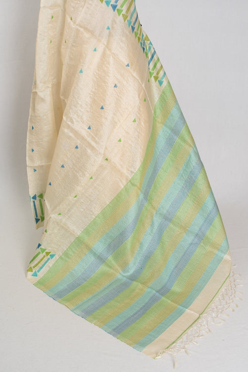 Rini: Cream Tussar Silk Saree with Blue & Green Motifs | Silk Mark Certified
