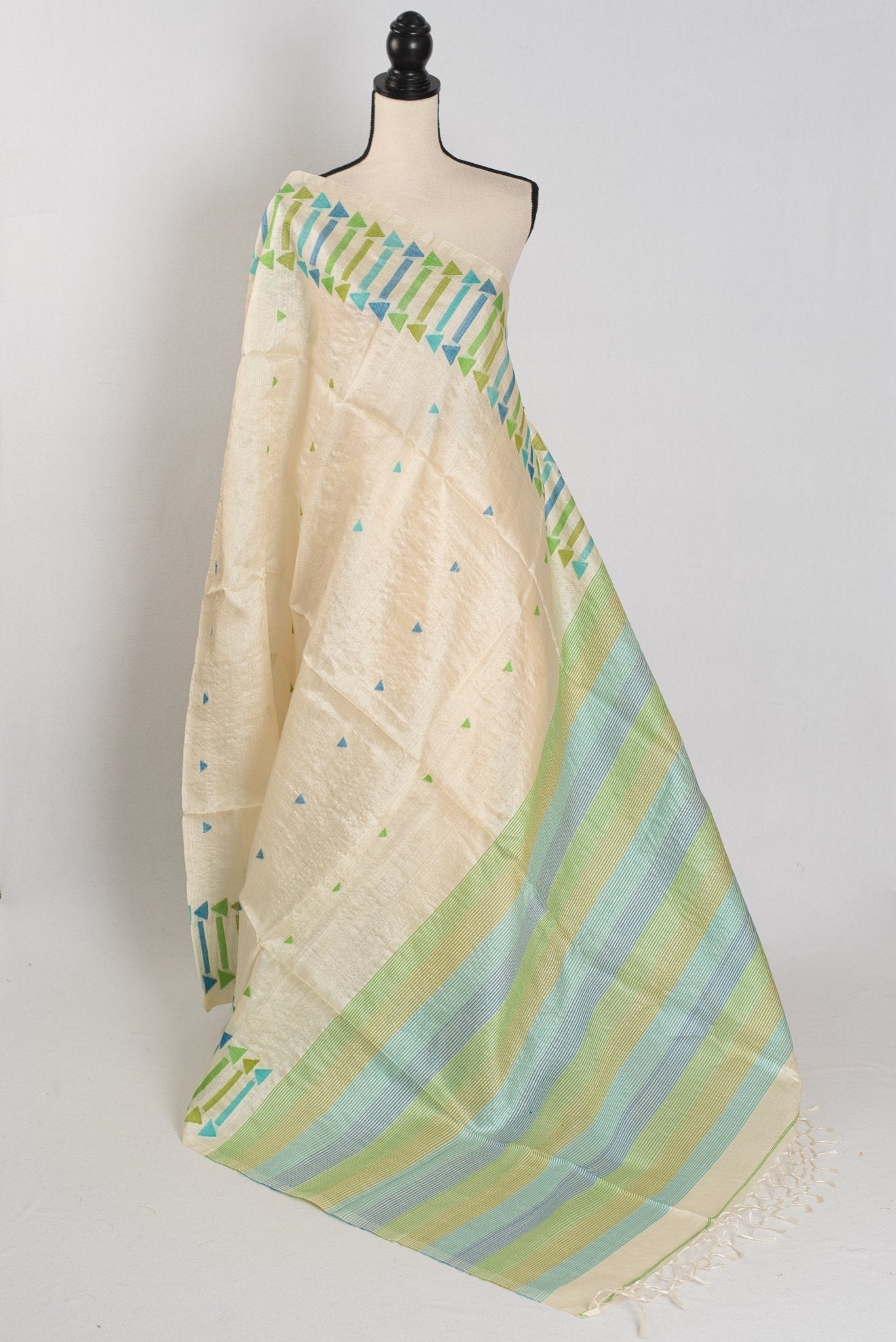 Rini: Cream Tussar Silk Saree with Blue & Green Motifs | Silk Mark Certified