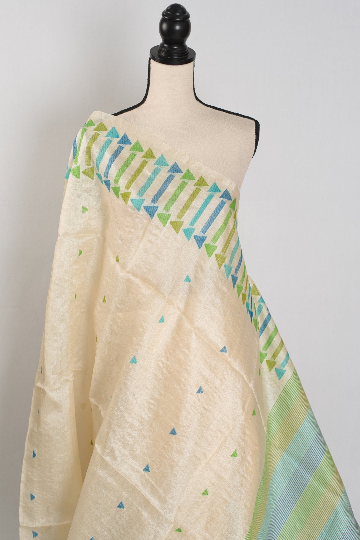 Rini: Cream Tussar Silk Saree with Blue & Green Motifs | Silk Mark Certified