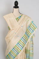 Rini: Cream Tussar Silk Saree with Blue & Green Motifs | Silk Mark Certified