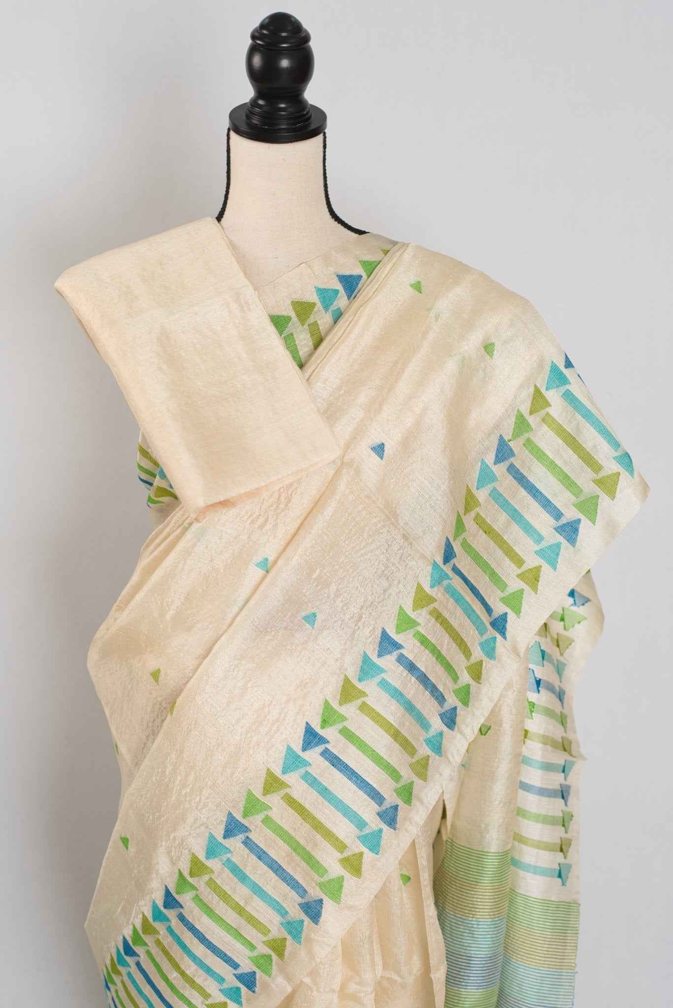 Rini: Cream Tussar Silk Saree with Blue & Green Motifs | Silk Mark Certified